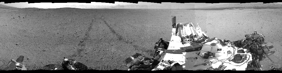 NASA's Mars rover Curiosity took 24 images in Gale Crater using its mast-mounted Right Navigation Camera (Navcam) to create this mosaic. The seam-corrected mosaic provides a 360-degree cylindrical-perspective projection panorama of the Martian surface suitable for stereo viewing, centered at 133 degrees azimuth (measured clockwise from north). This single-eye view must be combined with the partner left image to be viewed in stereo. Curiosity took the images on September 05, 2012, Sol 29 of the Mars Science Laboratory mission at drive 0, site number 4. The local mean solar time for the image exposures was 2 PM. Each Navcam image has a 45-degree field of view. CREDIT: NASA/JPL-Caltech