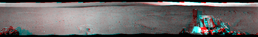 NASA's Mars rover Curiosity took 12 image pairs in Gale Crater using its mast-mounted Navigation Camera (Navcam) to create this mosaic. The seam-corrected mosaic provides a 360-degree cylindrical perspective projection panorama of the Martian surface suitable for stereo viewing, centered at 89 degrees azimuth (measured clockwise from north). This anaglyph must be viewed with red/blue glasses (red over left eye). Curiosity took the images on September 14, 2012, Sol 38 of the Mars Science Laboratory mission at drive 404, site number 4. The local mean solar time for the image exposures was 2 PM. Each Navcam image has a 45-degree field of view. CREDIT: NASA/JPL-Caltech