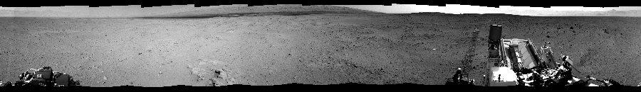 NASA's Mars rover Curiosity took 12 images in Gale Crater using its mast-mounted Left Navigation Camera (Navcam) to create this mosaic. The seam-corrected mosaic provides a 360-degree cylindrical-perspective projection panorama of the Martian surface suitable for stereo viewing, centered at 89 degrees azimuth (measured clockwise from north). This single-eye view must be combined with the partner right image to be viewed in stereo.  Curiosity took the images on September 14, 2012, Sol 38 of the Mars Science Laboratory mission at drive 404, site number 4. The local mean solar time for the image exposures was 2 PM. Each Navcam image has a 45-degree field of view. CREDIT: NASA/JPL-Caltech