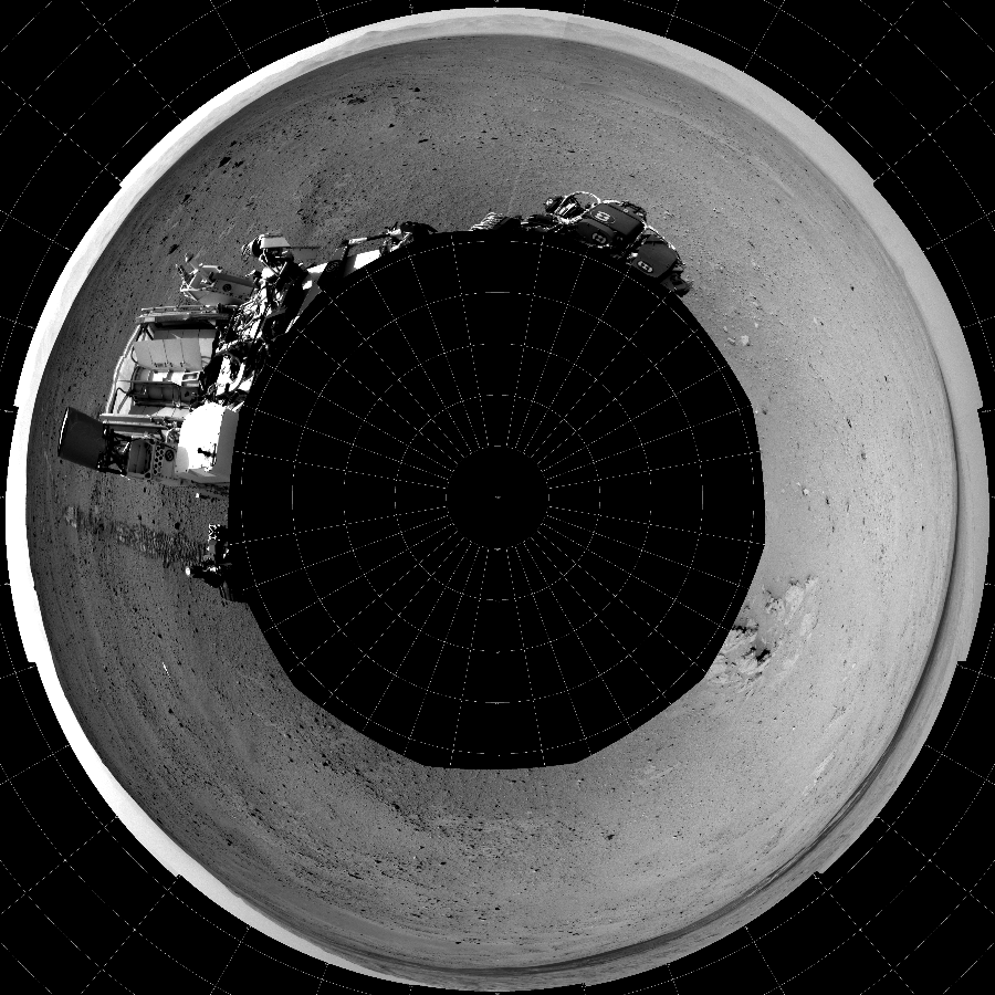 NASA's Mars rover Curiosity took 12 images in Gale Crater using its mast-mounted Left Navigation Camera (Navcam) to create this mosaic. The seam-corrected mosaic provides a polar stereographic projection panorama of the Martian surface with 0 degrees azimuth (measured clockwise from north) at the top of the image. Curiosity took the images on September 14, 2012, Sol 38 of the Mars Science Laboratory mission at drive 404, site number 4. The local mean solar time for the image exposures was 2 PM. Each Navcam image has a 45-degree field of view. CREDIT: NASA/JPL-Caltech