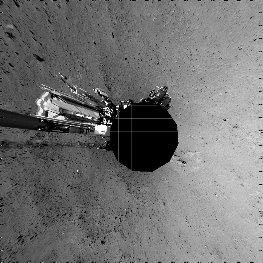 NASA's Mars rover Curiosity took 12 images in Gale Crater using its mast-mounted Left Navigation Camera (Navcam) to create this mosaic. The seam-corrected mosaic provides a vertical projection of the Martian surface near the rover, covering an area of 20 meters (north/south) by 20 meters (east/west). North is up in the image. This projection provides an overhead view, but introduces distortion for items not on the surface, such as large rocks and the rover itself.  Curiosity took the images on September 14, 2012, Sol 38 of the Mars Science Laboratory mission at drive 404, site number 4. The local mean solar time for the image exposures was 2 PM. Each Navcam image has a 45-degree field of view. CREDIT: NASA/JPL-Caltech