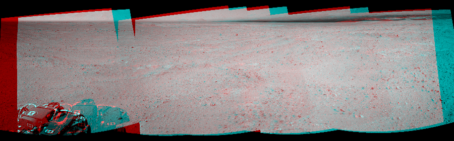 NASA's Mars rover Curiosity took 5 image pairs in Gale Crater using its mast-mounted Navigation Camera (Navcam) to create this mosaic. The seam-corrected mosaic provides a 170-degree cylindrical perspective projection panorama of the Martian surface suitable for stereo viewing, centered at 351 degrees azimuth (measured clockwise from north). This anaglyph must be viewed with red/blue glasses (red over left eye).  Curiosity took the images on September 15, 2012, Sol 39 of the Mars Science Laboratory mission at drive 468, site number 4. The local mean solar time for the image exposures was 2 PM. Each Navcam image has a 45-degree field of view. CREDIT: NASA/JPL-Caltech