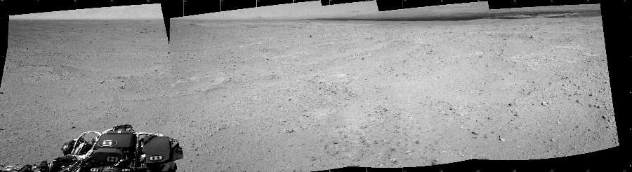 NASA's Mars rover Curiosity took 5 images in Gale Crater using its mast-mounted Left Navigation Camera (Navcam) to create this mosaic. The seam-corrected mosaic provides a 173-degree cylindrical projection panorama of the Martian surface centered at 76 degrees azimuth (measured clockwise from north). Curiosity took the images on September 15, 2012, Sol 39 of the Mars Science Laboratory mission at drive 468, site number 4. The local mean solar time for the image exposures was 2 PM. Each Navcam image has a 45 degree field of view. CREDIT: NASA/JPL-Caltech