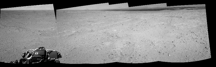 NASA's Mars rover Curiosity took 5 images in Gale Crater using its mast-mounted Left Navigation Camera (Navcam) to create this mosaic. The seam-corrected mosaic provides a 170-degree cylindrical-perspective projection panorama of the Martian surface suitable for stereo viewing, centered at 351 degrees azimuth (measured clockwise from north). This single-eye view must be combined with the partner right image to be viewed in stereo.  Curiosity took the images on September 15, 2012, Sol 39 of the Mars Science Laboratory mission at drive 468, site number 4. The local mean solar time for the image exposures was 2 PM. Each Navcam image has a 45-degree field of view. CREDIT: NASA/JPL-Caltech