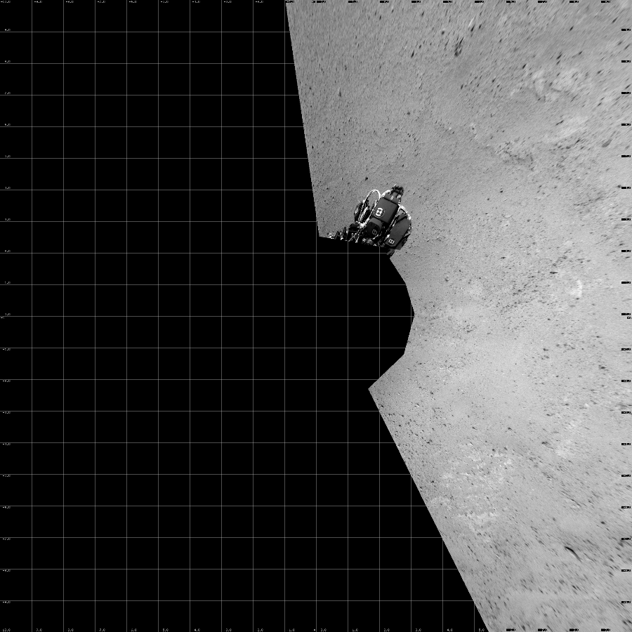 NASA's Mars rover Curiosity took 5 images in Gale Crater using its mast-mounted Left Navigation Camera (Navcam) to create this mosaic. The seam-corrected mosaic provides a vertical projection of the Martian surface near the rover, covering an area of 20 meters (north/south) by 20 meters (east/west). North is up in the image. This projection provides an overhead view, but introduces distortion for items not on the surface, such as large rocks and the rover itself.  Curiosity took the images on September 15, 2012, Sol 39 of the Mars Science Laboratory mission at drive 468, site number 4. The local mean solar time for the image exposures was 2 PM. Each Navcam image has a 45-degree field of view. CREDIT: NASA/JPL-Caltech