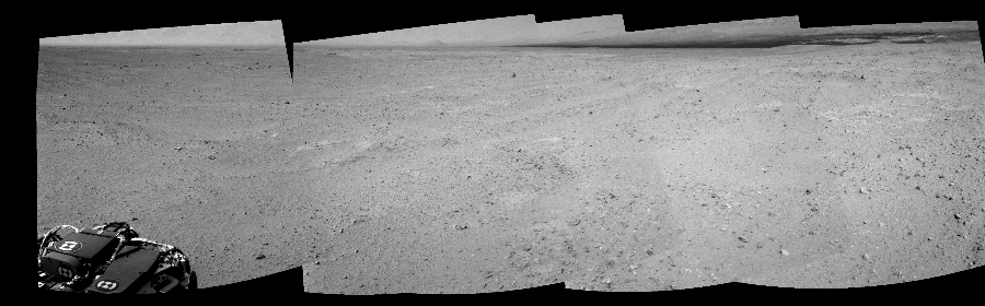 NASA's Mars rover Curiosity took 5 images in Gale Crater using its mast-mounted Right Navigation Camera (Navcam) to create this mosaic. The seam-corrected mosaic provides a 171-degree cylindrical-perspective projection panorama of the Martian surface suitable for stereo viewing, centered at 344 degrees azimuth (measured clockwise from north). This single-eye view must be combined with the partner left image to be viewed in stereo.  Curiosity took the images on September 15, 2012, Sol 39 of the Mars Science Laboratory mission at drive 468, site number 4. The local mean solar time for the image exposures was 2 PM. Each Navcam image has a 45-degree field of view. CREDIT: NASA/JPL-Caltech