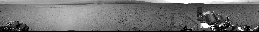NASA's Mars rover Curiosity took 12 images in Gale Crater using its mast-mounted Left Navigation Camera (Navcam) to create this mosaic. The seam-corrected mosaic provides a 360-degree cylindrical projection panorama of the Martian surface centered at 180 degrees azimuth (measured clockwise from north). Curiosity took the images on September 16, 2012, Sol 40 of the Mars Science Laboratory mission at drive 916, site number 4. The local mean solar time for the image exposures was 3 PM. Each Navcam image has a 45 degree field of view. CREDIT: NASA/JPL-Caltech