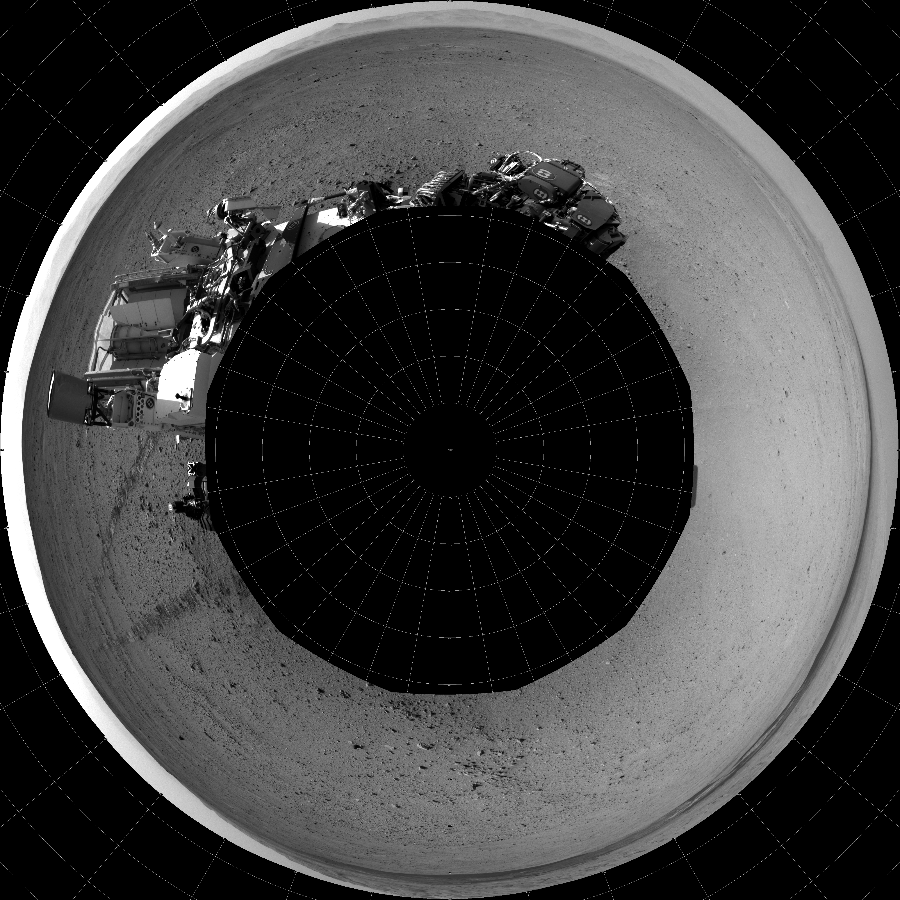 NASA's Mars rover Curiosity took 12 images in Gale Crater using its mast-mounted Left Navigation Camera (Navcam) to create this mosaic. The seam-corrected mosaic provides a polar stereographic projection panorama of the Martian surface with 0 degrees azimuth (measured clockwise from north) at the top of the image. Curiosity took the images on September 16, 2012, Sol 40 of the Mars Science Laboratory mission at drive 916, site number 4. The local mean solar time for the image exposures was 3 PM. Each Navcam image has a 45-degree field of view. CREDIT: NASA/JPL-Caltech