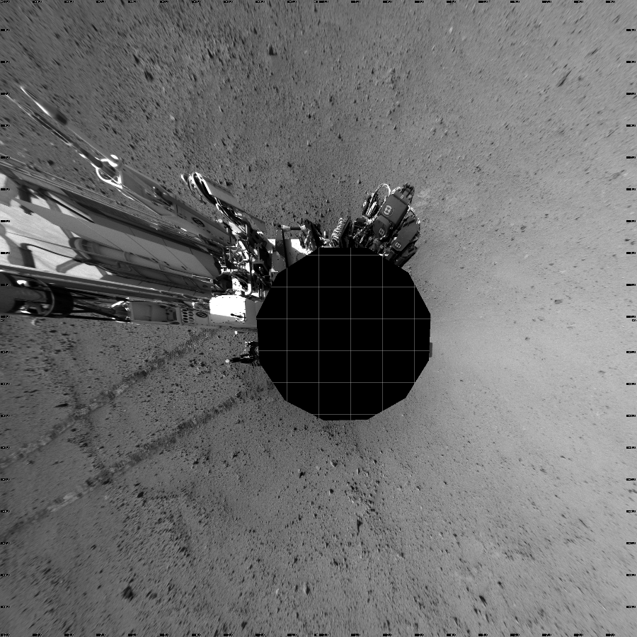 NASA's Mars rover Curiosity took 12 images in Gale Crater using its mast-mounted Left Navigation Camera (Navcam) to create this mosaic. The seam-corrected mosaic provides a vertical projection of the Martian surface near the rover, covering an area of 20 meters (north/south) by 20 meters (east/west). North is up in the image. This projection provides an overhead view, but introduces distortion for items not on the surface, such as large rocks and the rover itself.  Curiosity took the images on September 16, 2012, Sol 40 of the Mars Science Laboratory mission at drive 916, site number 4. The local mean solar time for the image exposures was 3 PM. Each Navcam image has a 45-degree field of view. CREDIT: NASA/JPL-Caltech