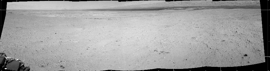 NASA's Mars rover Curiosity took 5 images in Gale Crater using its mast-mounted Left Navigation Camera (Navcam) to create this mosaic. The seam-corrected mosaic provides a 172-degree cylindrical projection panorama of the Martian surface centered at 105 degrees azimuth (measured clockwise from north). Curiosity took the images on September 17, 2012, Sol 41 of the Mars Science Laboratory mission at drive 1238, site number 4. The local mean solar time for the image exposures was 2 PM. Each Navcam image has a 45 degree field of view. CREDIT: NASA/JPL-Caltech