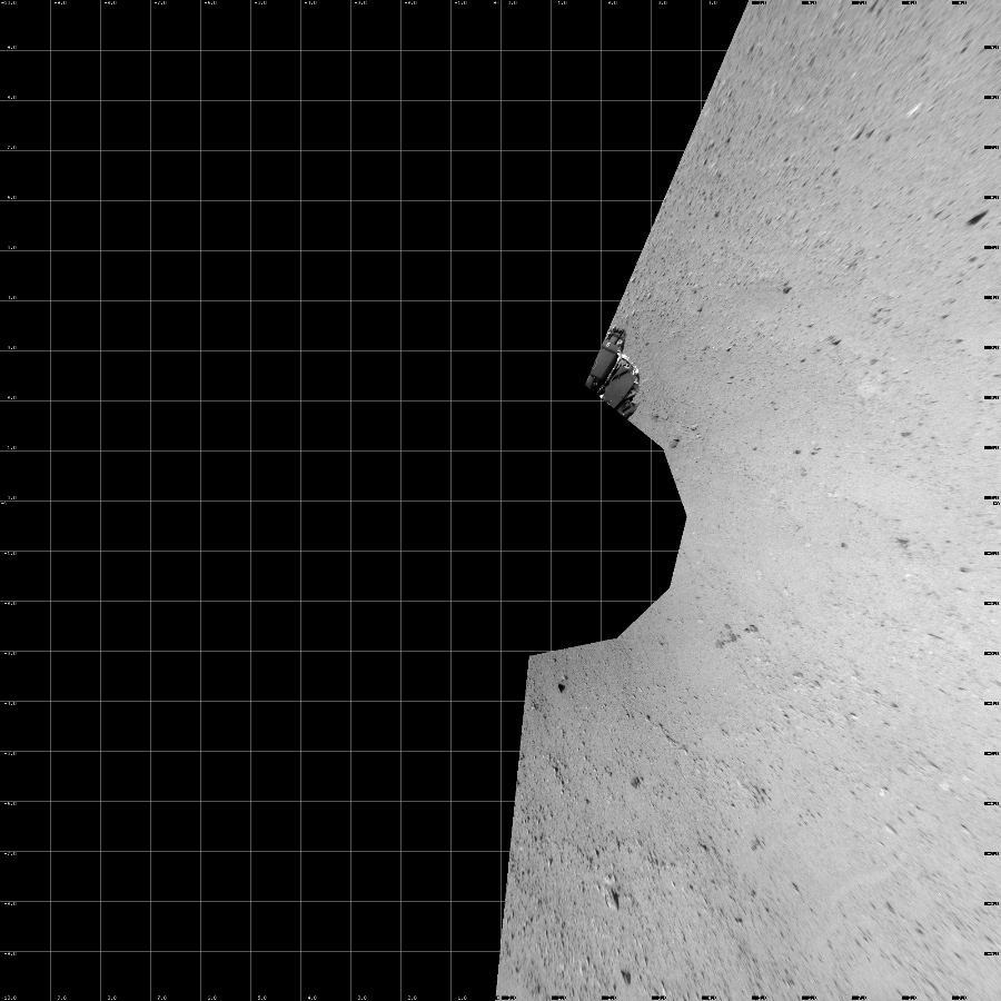 NASA's Mars rover Curiosity took 5 images in Gale Crater using its mast-mounted Left Navigation Camera (Navcam) to create this mosaic. The seam-corrected mosaic provides a vertical projection of the Martian surface near the rover, covering an area of 20 meters (north/south) by 20 meters (east/west). North is up in the image. This projection provides an overhead view, but introduces distortion for items not on the surface, such as large rocks and the rover itself.  Curiosity took the images on September 17, 2012, Sol 41 of the Mars Science Laboratory mission at drive 1238, site number 4. The local mean solar time for the image exposures was 2 PM. Each Navcam image has a 45-degree field of view. CREDIT: NASA/JPL-Caltech