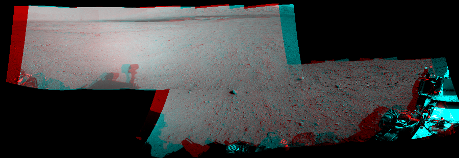 NASA's Mars rover Curiosity took 10 image pairs in Gale Crater using its mast-mounted Navigation Camera (Navcam) to create this mosaic. The seam-corrected mosaic provides a 276-degree cylindrical perspective projection panorama of the Martian surface suitable for stereo viewing, centered at 49 degrees azimuth (measured clockwise from north). This anaglyph must be viewed with red/blue glasses (red over left eye). Curiosity took the images on September 18, 2012, Sol 42 of the Mars Science Laboratory mission at drive 1632, site number 4. The local mean solar time for the image exposures was from 4 PM to 2 PM. Each Navcam image has a 45-degree field of view. CREDIT: NASA/JPL-Caltech