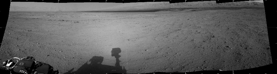 NASA's Mars rover Curiosity took 5 images in Gale Crater using its mast-mounted Left Navigation Camera (Navcam) to create this mosaic. The seam-corrected mosaic provides a 174-degree cylindrical projection panorama of the Martian surface centered at 110 degrees azimuth (measured clockwise from north). Curiosity took the images on September 18, 2012, Sol 42 of the Mars Science Laboratory mission at drive 1632, site number 4. The local mean solar time for the image exposures was 4 PM. Each Navcam image has a 45 degree field of view. CREDIT: NASA/JPL-Caltech