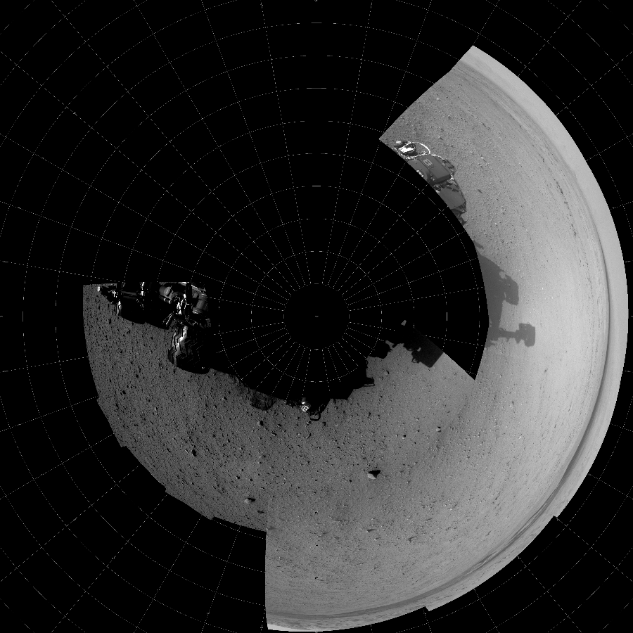 NASA's Mars rover Curiosity took 10 images in Gale Crater using its mast-mounted Left Navigation Camera (Navcam) to create this mosaic. The seam-corrected mosaic provides a polar stereographic projection panorama of the Martian surface with 0 degrees azimuth (measured clockwise from north) at the top of the image. Curiosity took the images on September 18, 2012, Sol 42 of the Mars Science Laboratory mission at drive 1632, site number 4. The local mean solar time for the image exposures was from 4 PM to 2 PM. Each Navcam image has a 45-degree field of view. CREDIT: NASA/JPL-Caltech
