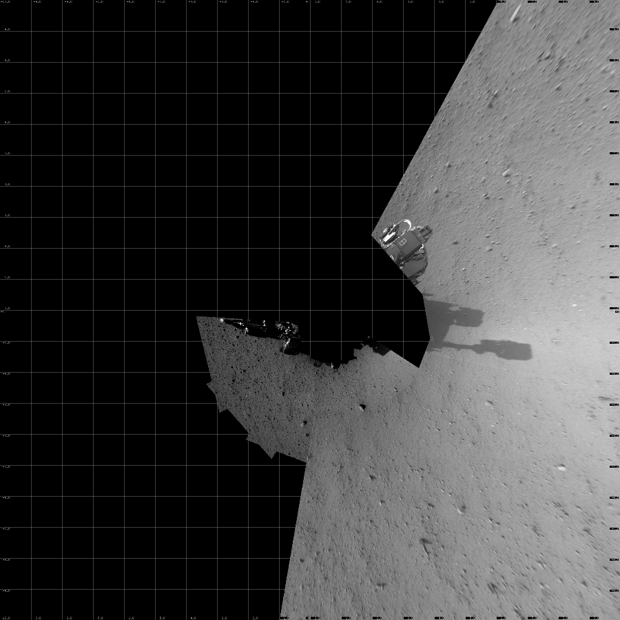 NASA's Mars rover Curiosity took 10 images in Gale Crater using its mast-mounted Left Navigation Camera (Navcam) to create this mosaic. The seam-corrected mosaic provides a vertical projection of the Martian surface near the rover, covering an area of 20 meters (north/south) by 20 meters (east/west). North is up in the image. This projection provides an overhead view, but introduces distortion for items not on the surface, such as large rocks and the rover itself.  Curiosity took the images on September 18, 2012, Sol 42 of the Mars Science Laboratory mission at drive 1632, site number 4. The local mean solar time for the image exposures was from 4 PM to 2 PM. Each Navcam image has a 45-degree field of view. CREDIT: NASA/JPL-Caltech