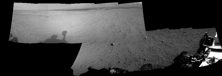 NASA's Mars rover Curiosity took 10 images in Gale Crater using its mast-mounted Right Navigation Camera (Navcam) to create this mosaic. The seam-corrected mosaic provides a 276-degree cylindrical-perspective projection panorama of the Martian surface suitable for stereo viewing, centered at 40 degrees azimuth (measured clockwise from north). This single-eye view must be combined with the partner left image to be viewed in stereo.  Curiosity took the images on September 18, 2012, Sol 42 of the Mars Science Laboratory mission at drive 1632, site number 4. The local mean solar time for the image exposures was from 4 PM to 2 PM. Each Navcam image has a 45-degree field of view. CREDIT: NASA/JPL-Caltech
