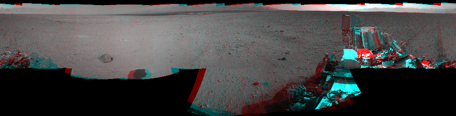 NASA's Mars rover Curiosity took 17 image pairs in Gale Crater using its mast-mounted Navigation Camera (Navcam) to create this mosaic. The seam-corrected mosaic provides a 360-degree cylindrical perspective projection panorama of the Martian surface suitable for stereo viewing, centered at 88 degrees azimuth (measured clockwise from north). This anaglyph must be viewed with red/blue glasses (red over left eye).  Curiosity took the images on September 19, 2012, Sol 43 of the Mars Science Laboratory mission at drive 2002, site number 4. The local mean solar time for the image exposures was 2 PM. Each Navcam image has a 45-degree field of view. CREDIT: NASA/JPL-Caltech