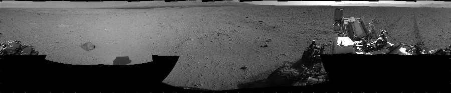NASA's Mars rover Curiosity took 17 images in Gale Crater using its mast-mounted Left Navigation Camera (Navcam) to create this mosaic. The seam-corrected mosaic provides a 360-degree cylindrical projection panorama of the Martian surface centered at 180 degrees azimuth (measured clockwise from north). Curiosity took the images on September 19, 2012, Sol 43 of the Mars Science Laboratory mission at drive 2002, site number 4. The local mean solar time for the image exposures was 2 PM. Each Navcam image has a 45 degree field of view. CREDIT: NASA/JPL-Caltech