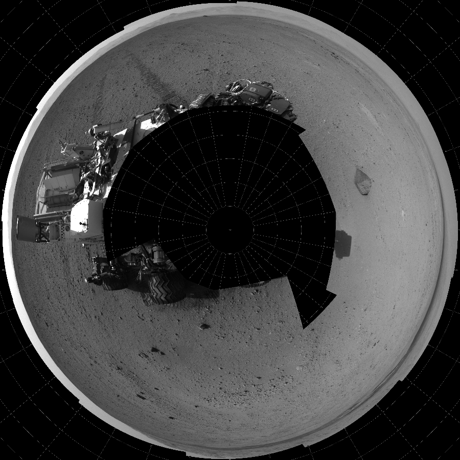 NASA's Mars rover Curiosity took 17 images in Gale Crater using its mast-mounted Left Navigation Camera (Navcam) to create this mosaic. The seam-corrected mosaic provides a polar stereographic projection panorama of the Martian surface with 0 degrees azimuth (measured clockwise from north) at the top of the image. Curiosity took the images on September 19, 2012, Sol 43 of the Mars Science Laboratory mission at drive 2002, site number 4. The local mean solar time for the image exposures was 2 PM. Each Navcam image has a 45-degree field of view. CREDIT: NASA/JPL-Caltech