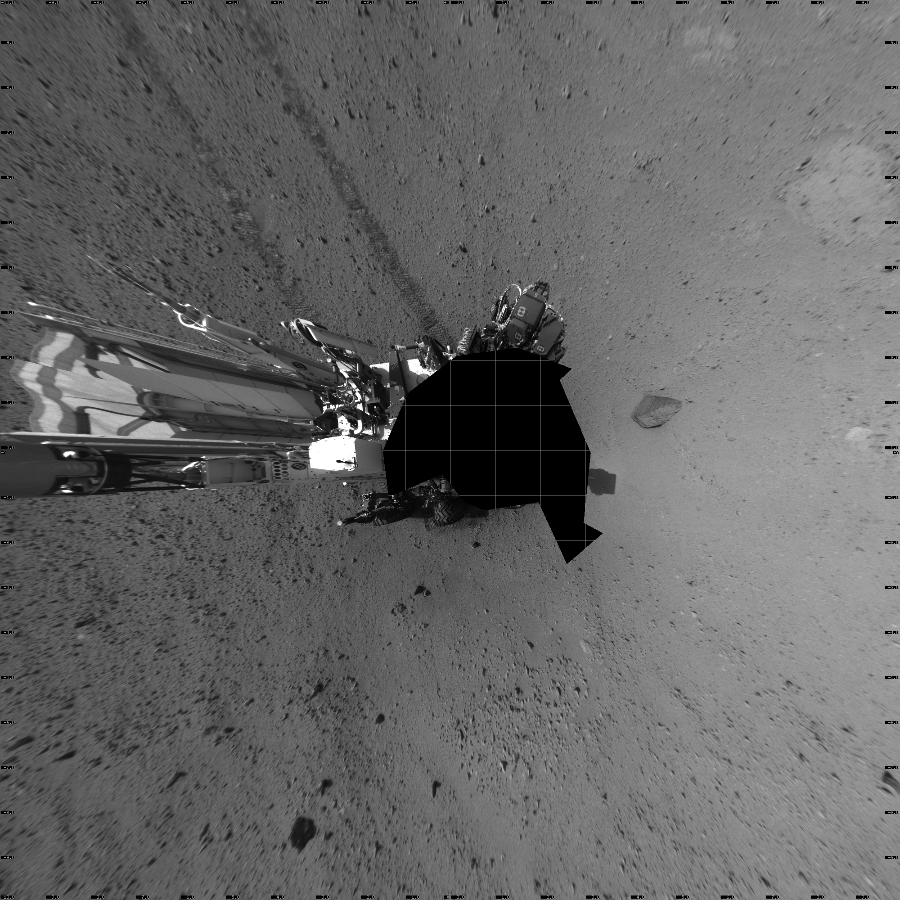 NASA's Mars rover Curiosity took 17 images in Gale Crater using its mast-mounted Left Navigation Camera (Navcam) to create this mosaic. The seam-corrected mosaic provides a vertical projection of the Martian surface near the rover, covering an area of 20 meters (north/south) by 20 meters (east/west). North is up in the image. This projection provides an overhead view, but introduces distortion for items not on the surface, such as large rocks and the rover itself.  Curiosity took the images on September 19, 2012, Sol 43 of the Mars Science Laboratory mission at drive 2002, site number 4. The local mean solar time for the image exposures was 2 PM. Each Navcam image has a 45-degree field of view. CREDIT: NASA/JPL-Caltech