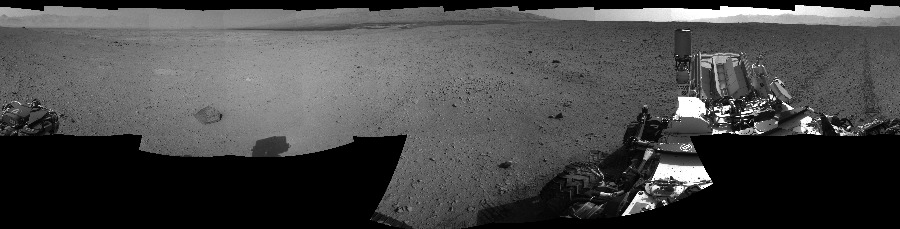 NASA's Mars rover Curiosity took 17 images in Gale Crater using its mast-mounted Right Navigation Camera (Navcam) to create this mosaic. The seam-corrected mosaic provides a 360-degree cylindrical-perspective projection panorama of the Martian surface suitable for stereo viewing, centered at 81 degrees azimuth (measured clockwise from north). This single-eye view must be combined with the partner left image to be viewed in stereo.  Curiosity took the images on September 19, 2012, Sol 43 of the Mars Science Laboratory mission at drive 2002, site number 4. The local mean solar time for the image exposures was 2 PM. Each Navcam image has a 45-degree field of view. CREDIT: NASA/JPL-Caltech