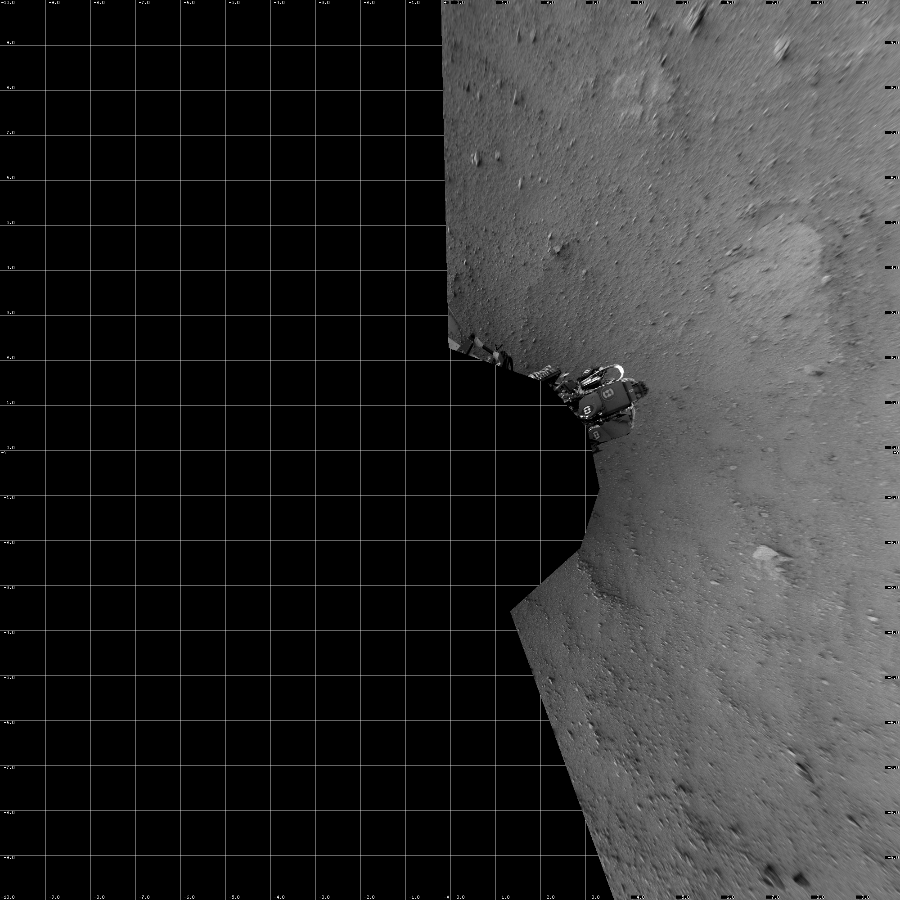 NASA's Mars rover Curiosity took 5 images in Gale Crater using its mast-mounted Left Navigation Camera (Navcam) to create this mosaic. The seam-corrected mosaic provides a vertical projection of the Martian surface near the rover, covering an area of 20 meters (north/south) by 20 meters (east/west). North is up in the image. This projection provides an overhead view, but introduces distortion for items not on the surface, such as large rocks and the rover itself.  Curiosity took the images on September 22, 2012, Sol 45 of the Mars Science Laboratory mission at drive 2100, site number 4. The local mean solar time for the image exposures was 5 PM. Each Navcam image has a 45-degree field of view. CREDIT: NASA/JPL-Caltech