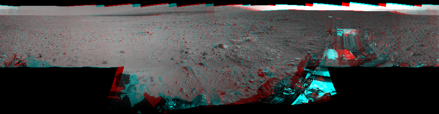 NASA's Mars rover Curiosity took 17 image pairs in Gale Crater using its mast-mounted Navigation Camera (Navcam) to create this mosaic. The seam-corrected mosaic provides a 360-degree cylindrical perspective projection panorama of the Martian surface suitable for stereo viewing, centered at 91 degrees azimuth (measured clockwise from north). This anaglyph must be viewed with red/blue glasses (red over left eye). Curiosity took the images on September 26, 2012, Sol 49 of the Mars Science Laboratory mission at drive 2778, site number 4. The local mean solar time for the image exposures was 2 PM. Each Navcam image has a 45-degree field of view. CREDIT: NASA/JPL-Caltech