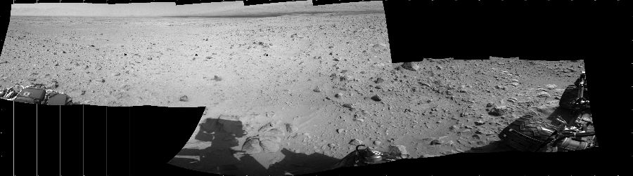 NASA's Mars rover Curiosity took 10 images in Gale Crater using its mast-mounted Left Navigation Camera (Navcam) to create this mosaic. The seam-corrected mosaic provides a 273-degree cylindrical projection panorama of the Martian surface centered at 140 degrees azimuth (measured clockwise from north). Curiosity took the images on September 26, 2012, Sol 49 of the Mars Science Laboratory mission at drive 2778, site number 4. The local mean solar time for the image exposures was 2 PM. Each Navcam image has a 45 degree field of view. CREDIT: NASA/JPL-Caltech