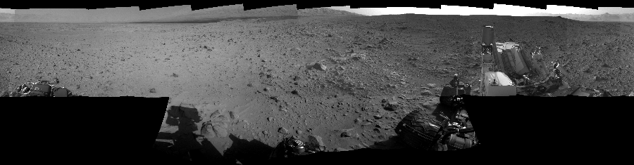 NASA's Mars rover Curiosity took 17 images in Gale Crater using its mast-mounted Left Navigation Camera (Navcam) to create this mosaic. The seam-corrected mosaic provides a 360-degree cylindrical-perspective projection panorama of the Martian surface suitable for stereo viewing, centered at 91 degrees azimuth (measured clockwise from north). This single-eye view must be combined with the partner right image to be viewed in stereo.  Curiosity took the images on September 26, 2012, Sol 49 of the Mars Science Laboratory mission at drive 2778, site number 4. The local mean solar time for the image exposures was 2 PM. Each Navcam image has a 45-degree field of view. CREDIT: NASA/JPL-Caltech
