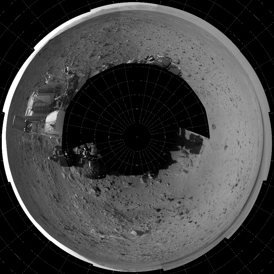 NASA's Mars rover Curiosity took 17 images in Gale Crater using its mast-mounted Left Navigation Camera (Navcam) to create this mosaic. The seam-corrected mosaic provides a polar stereographic projection panorama of the Martian surface with 0 degrees azimuth (measured clockwise from north) at the top of the image. Curiosity took the images on September 26, 2012, Sol 49 of the Mars Science Laboratory mission at drive 2778, site number 4. The local mean solar time for the image exposures was 2 PM. Each Navcam image has a 45-degree field of view. CREDIT: NASA/JPL-Caltech