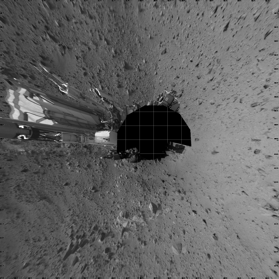 NASA's Mars rover Curiosity took 17 images in Gale Crater using its mast-mounted Left Navigation Camera (Navcam) to create this mosaic. The seam-corrected mosaic provides a vertical projection of the Martian surface near the rover, covering an area of 20 meters (north/south) by 20 meters (east/west). North is up in the image. This projection provides an overhead view, but introduces distortion for items not on the surface, such as large rocks and the rover itself. Curiosity took the images on September 26, 2012, Sol 49 of the Mars Science Laboratory mission at drive 2778, site number 4. The local mean solar time for the image exposures was 2 PM. Each Navcam image has a 45-degree field of view. CREDIT: NASA/JPL-Caltech