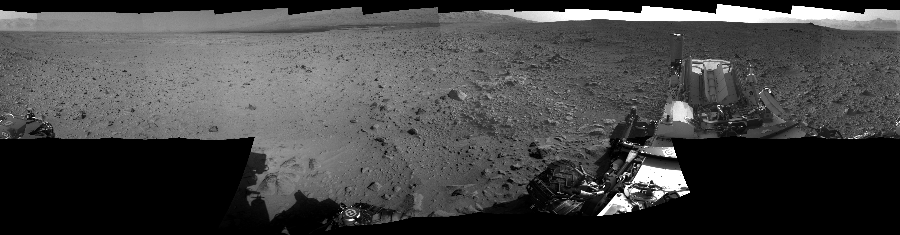 NASA's Mars rover Curiosity took 17 images in Gale Crater using its mast-mounted Right Navigation Camera (Navcam) to create this mosaic. The seam-corrected mosaic provides a 360-degree cylindrical-perspective projection panorama of the Martian surface suitable for stereo viewing, centered at 84 degrees azimuth (measured clockwise from north). This single-eye view must be combined with the partner left image to be viewed in stereo.  Curiosity took the images on September 26, 2012, Sol 49 of the Mars Science Laboratory mission at drive 2778, site number 4. The local mean solar time for the image exposures was 2 PM. Each Navcam image has a 45-degree field of view. CREDIT: NASA/JPL-Caltech