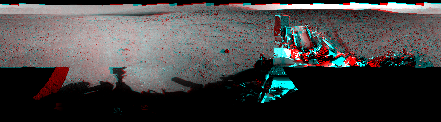 NASA's Mars rover Curiosity took 17 image pairs in Gale Crater using its mast-mounted Navigation Camera (Navcam) to create this mosaic. The seam-corrected mosaic provides a 360-degree cylindrical perspective projection panorama of the Martian surface suitable for stereo viewing, centered at 135 degrees azimuth (measured clockwise from north). This anaglyph must be viewed with red/blue glasses (red over left eye).  Curiosity took the images on September 27, 2012, Sol 50 of the Mars Science Laboratory mission at drive 2956, site number 4. The local mean solar time for the image exposures was from 2 PM to 3 PM. Each Navcam image has a 45-degree field of view. CREDIT: NASA/JPL-Caltech