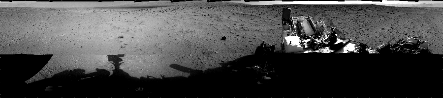 NASA's Mars rover Curiosity took 17 images in Gale Crater using its mast-mounted Left Navigation Camera (Navcam) to create this mosaic. The seam-corrected mosaic provides a 360-degree cylindrical projection panorama of the Martian surface centered at 180 degrees azimuth (measured clockwise from north). Curiosity took the images on September 27, 2012, Sol 50 of the Mars Science Laboratory mission at drive 2956, site number 4. The local mean solar time for the image exposures was from 2 PM to 3 PM. Each Navcam image has a 45 degree field of view. CREDIT: NASA/JPL-Caltech