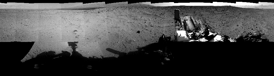 NASA's Mars rover Curiosity took 17 images in Gale Crater using its mast-mounted Left Navigation Camera (Navcam) to create this mosaic. The seam-corrected mosaic provides a 360-degree cylindrical-perspective projection panorama of the Martian surface suitable for stereo viewing, centered at 135 degrees azimuth (measured clockwise from north). This single-eye view must be combined with the partner right image to be viewed in stereo.  Curiosity took the images on September 27, 2012, Sol 50 of the Mars Science Laboratory mission at drive 2956, site number 4. The local mean solar time for the image exposures was from 2 PM to 3 PM. Each Navcam image has a 45-degree field of view. CREDIT: NASA/JPL-Caltech