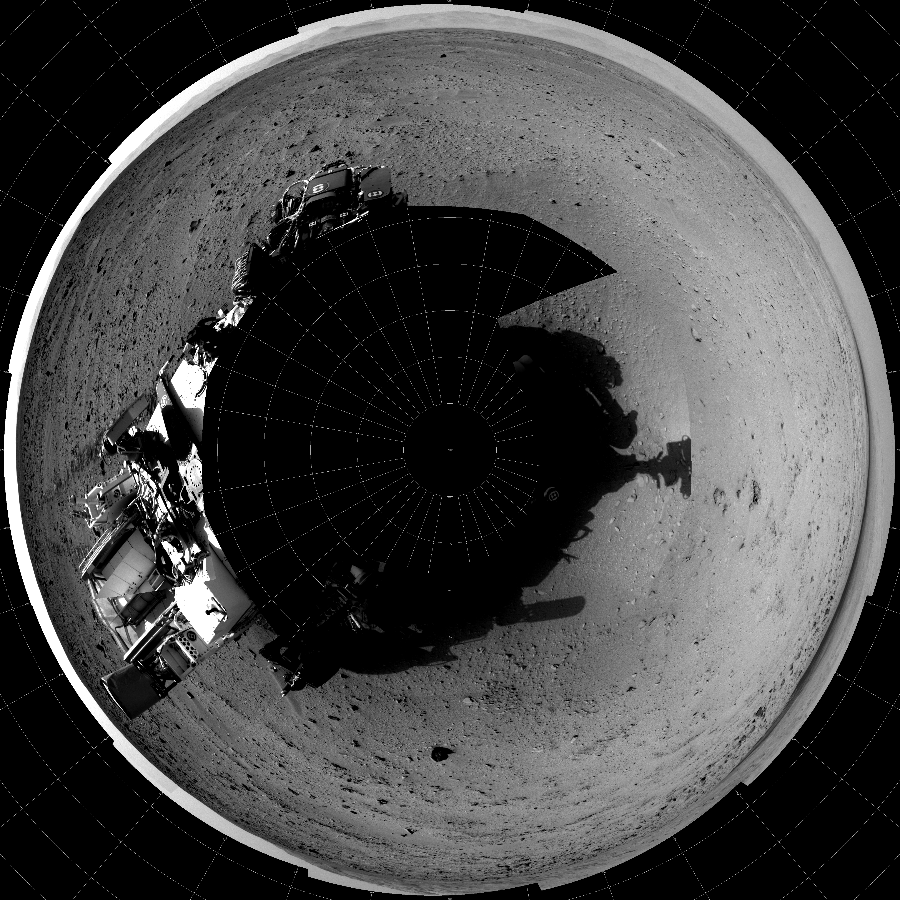NASA's Mars rover Curiosity took 17 images in Gale Crater using its mast-mounted Left Navigation Camera (Navcam) to create this mosaic. The seam-corrected mosaic provides a polar stereographic projection panorama of the Martian surface with 0 degrees azimuth (measured clockwise from north) at the top of the image. Curiosity took the images on September 27, 2012, Sol 50 of the Mars Science Laboratory mission at drive 2956, site number 4. The local mean solar time for the image exposures was from 2 PM to 3 PM. Each Navcam image has a 45-degree field of view. CREDIT: NASA/JPL-Caltech