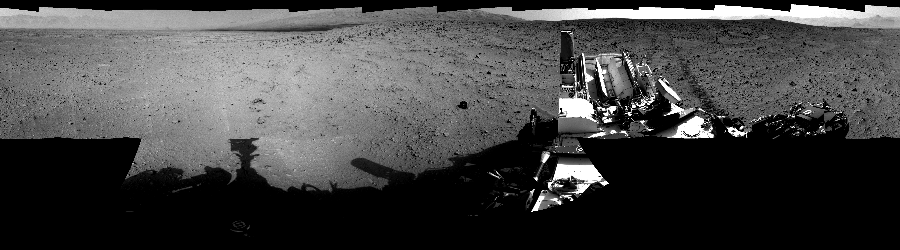 NASA's Mars rover Curiosity took 17 images in Gale Crater using its mast-mounted Right Navigation Camera (Navcam) to create this mosaic. The seam-corrected mosaic provides a 360-degree cylindrical-perspective projection panorama of the Martian surface suitable for stereo viewing, centered at 128 degrees azimuth (measured clockwise from north). This single-eye view must be combined with the partner left image to be viewed in stereo.  Curiosity took the images on September 27, 2012, Sol 50 of the Mars Science Laboratory mission at drive 2956, site number 4. The local mean solar time for the image exposures was from 2 PM to 3 PM. Each Navcam image has a 45-degree field of view. CREDIT: NASA/JPL-Caltech