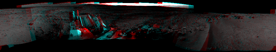 NASA's Mars rover Curiosity took 12 image pairs in Gale Crater using its mast-mounted Navigation Camera (Navcam) to create this mosaic. The seam-corrected mosaic provides a 360-degree cylindrical perspective projection panorama of the Martian surface suitable for stereo viewing, centered at 270 degrees azimuth (measured clockwise from north). This anaglyph must be viewed with red/blue glasses (red over left eye). Curiosity took the images on October 02, 2012, Sol 55 of the Mars Science Laboratory mission at drive 3416, site number 4. The local mean solar time for the image exposures was from 2 PM to 4 PM. Each Navcam image has a 45-degree field of view. CREDIT: NASA/JPL-Caltech