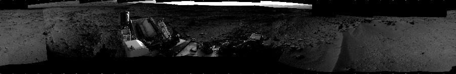 NASA's Mars rover Curiosity took 12 images in Gale Crater using its mast-mounted Left Navigation Camera (Navcam) to create this mosaic. The seam-corrected mosaic provides a 360-degree cylindrical projection panorama of the Martian surface centered at 270 degrees azimuth (measured clockwise from north). Curiosity took the images on October 02, 2012, Sol 55 of the Mars Science Laboratory mission at drive 3416, site number 4. The local mean solar time for the image exposures was from 2 PM to 4 PM. Each Navcam image has a 45 degree field of view. CREDIT: NASA/JPL-Caltech