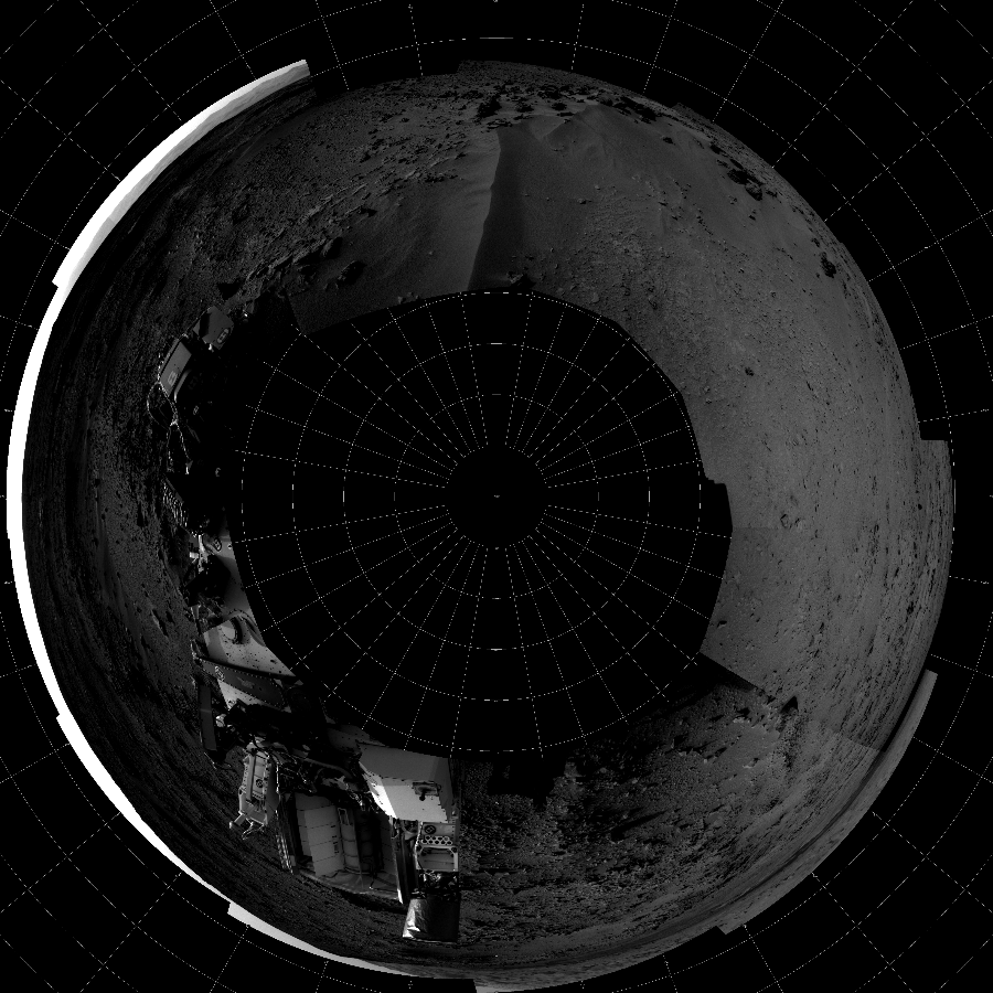 NASA's Mars rover Curiosity took 12 images in Gale Crater using its mast-mounted Left Navigation Camera (Navcam) to create this mosaic. The seam-corrected mosaic provides a polar stereographic projection panorama of the Martian surface with 0 degrees azimuth (measured clockwise from north) at the top of the image. Curiosity took the images on October 02, 2012, Sol 55 of the Mars Science Laboratory mission at drive 3416, site number 4. The local mean solar time for the image exposures was from 2 PM to 4 PM. Each Navcam image has a 45-degree field of view. CREDIT: NASA/JPL-Caltech