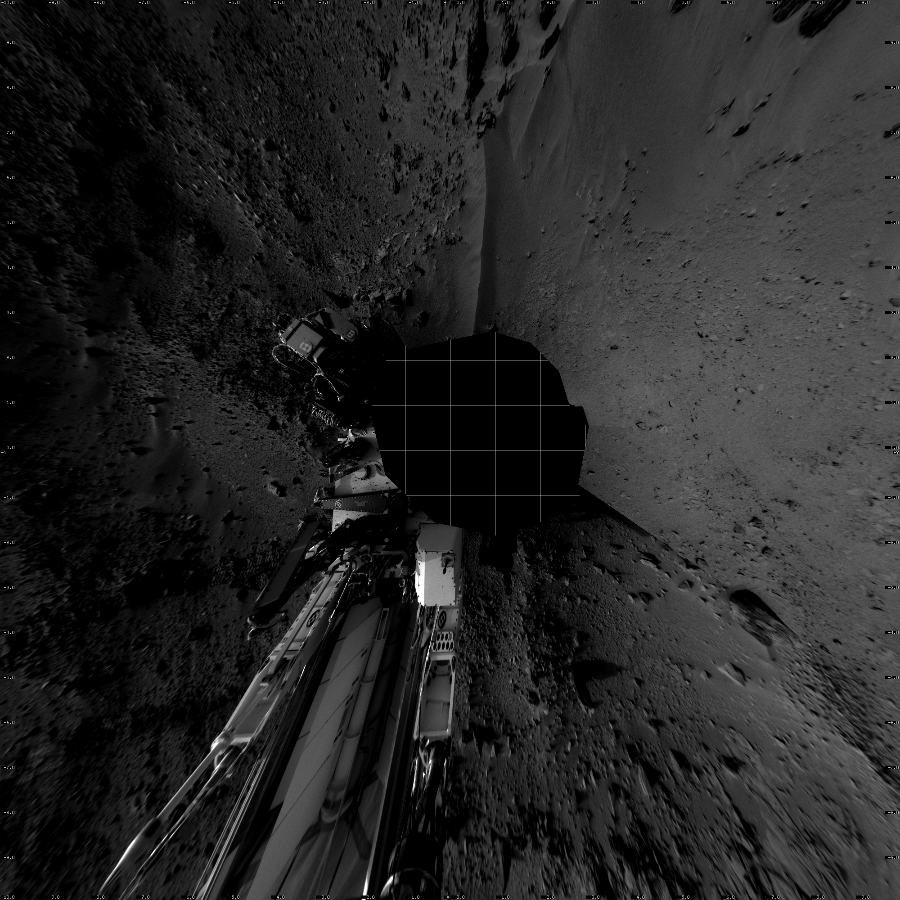 NASA's Mars rover Curiosity took 12 images in Gale Crater using its mast-mounted Left Navigation Camera (Navcam) to create this mosaic. The seam-corrected mosaic provides a vertical projection of the Martian surface near the rover, covering an area of 20 meters (north/south) by 20 meters (east/west). North is up in the image. This projection provides an overhead view, but introduces distortion for items not on the surface, such as large rocks and the rover itself.  Curiosity took the images on October 02, 2012, Sol 55 of the Mars Science Laboratory mission at drive 3416, site number 4. The local mean solar time for the image exposures was from 2 PM to 4 PM. Each Navcam image has a 45-degree field of view. CREDIT: NASA/JPL-Caltech
