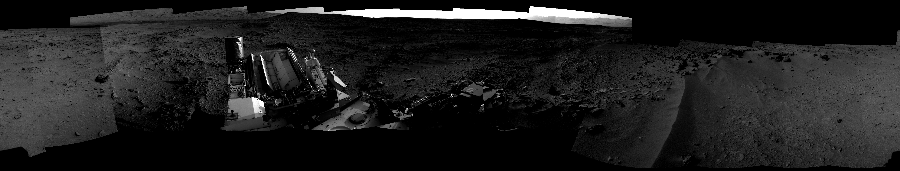 NASA's Mars rover Curiosity took 12 images in Gale Crater using its mast-mounted Right Navigation Camera (Navcam) to create this mosaic. The seam-corrected mosaic provides a 360-degree cylindrical-perspective projection panorama of the Martian surface suitable for stereo viewing, centered at 263 degrees azimuth (measured clockwise from north). This single-eye view must be combined with the partner left image to be viewed in stereo. Curiosity took the images on October 02, 2012, Sol 55 of the Mars Science Laboratory mission at drive 3416, site number 4. The local mean solar time for the image exposures was from 2 PM to 4 PM. Each Navcam image has a 45-degree field of view. CREDIT: NASA/JPL-Caltech