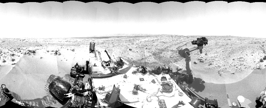 NASA's Mars rover Curiosity took 36 images in Gale Crater using its mast-mounted Left Navigation Camera (Navcam) to create this mosaic. The seam-corrected mosaic provides a 360-degree cylindrical-perspective projection panorama of the Martian surface suitable for stereo viewing, centered at 243 degrees azimuth (measured clockwise from north). This single-eye view must be combined with the partner right image to be viewed in stereo.  Curiosity took the images on October 06, 2012, Sols 59-60 of the Mars Science Laboratory mission at drive 104, site number 5. The local mean solar time for the image exposures was from 2 PM to 12 PM. Each Navcam image has a 45-degree field of view. CREDIT: NASA/JPL-Caltech
