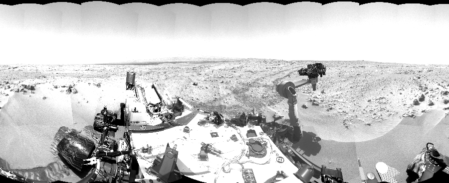NASA's Mars rover Curiosity took 36 images in Gale Crater using its mast-mounted Left Navigation Camera (Navcam) to create this mosaic. The seam-corrected mosaic provides a 360-degree cylindrical-perspective projection panorama of the Martian surface suitable for stereo viewing, centered at 263 degrees azimuth (measured clockwise from north). This single-eye view must be combined with the partner right image to be viewed in stereo.  Curiosity took the images on October 06, 2012, Sols 59-60 of the Mars Science Laboratory mission at drive 104, site number 5. The local mean solar time for the image exposures was from 2 PM to 12 PM. Each Navcam image has a 45-degree field of view. CREDIT: NASA/JPL-Caltech