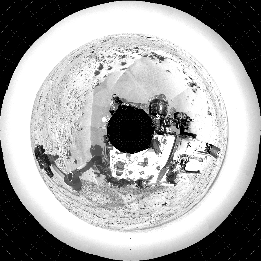 NASA's Mars rover Curiosity took 36 images in Gale Crater using its mast-mounted Left Navigation Camera (Navcam) to create this mosaic. The seam-corrected mosaic provides a polar stereographic projection panorama of the Martian surface with 0 degrees azimuth (measured clockwise from north) at the top of the image. Curiosity took the images on October 06, 2012, Sols 59-60 of the Mars Science Laboratory mission at drive 104, site number 5. The local mean solar time for the image exposures was from 2 PM to 12 PM. Each Navcam image has a 45-degree field of view. CREDIT: NASA/JPL-Caltech