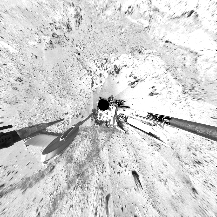 NASA's Mars rover Curiosity took 36 images in Gale Crater using its mast-mounted Left Navigation Camera (Navcam) to create this mosaic. The seam-corrected mosaic provides a vertical projection of the Martian surface near the rover, covering an area of 30 meters (north/south) by 30 meters (east/west). North is up in the image. This projection provides an overhead view, but introduces distortion for items not on the surface, such as large rocks and the rover itself.  Curiosity took the images on October 06, 2012, Sols 59-60 of the Mars Science Laboratory mission at drive 104, site number 5. The local mean solar time for the image exposures was from 2 PM to 12 PM. Each Navcam image has a 45-degree field of view. CREDIT: NASA/JPL-Caltech