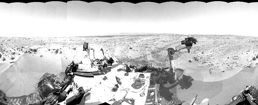 NASA's Mars rover Curiosity took 36 images in Gale Crater using its mast-mounted Right Navigation Camera (Navcam) to create this mosaic. The seam-corrected mosaic provides a 360-degree cylindrical-perspective projection panorama of the Martian surface suitable for stereo viewing, centered at 234 degrees azimuth (measured clockwise from north). This single-eye view must be combined with the partner left image to be viewed in stereo.  Curiosity took the images on October 06, 2012, Sols 59-60 of the Mars Science Laboratory mission at drive 104, site number 5. The local mean solar time for the image exposures was from 2 PM to 12 PM. Each Navcam image has a 45-degree field of view. CREDIT: NASA/JPL-Caltech