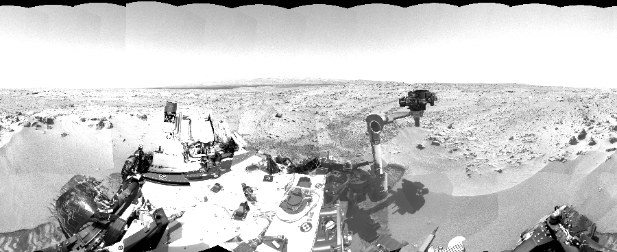 NASA's Mars rover Curiosity took 36 images in Gale Crater using its mast-mounted Right Navigation Camera (Navcam) to create this mosaic. The seam-corrected mosaic provides a 360-degree cylindrical-perspective projection panorama of the Martian surface suitable for stereo viewing, centered at 254 degrees azimuth (measured clockwise from north). This single-eye view must be combined with the partner left image to be viewed in stereo. Curiosity took the images on October 06, 2012, Sols 59-60 of the Mars Science Laboratory mission at drive 104, site number 5. The local mean solar time for the image exposures was from 2 PM to 12 PM. Each Navcam image has a 45-degree field of view. CREDIT: NASA/JPL-Caltech
