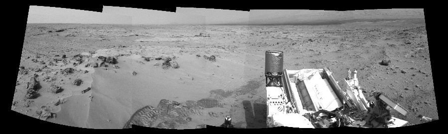 NASA's Mars rover Curiosity took 5 images in Gale Crater using its mast-mounted Left Navigation Camera (Navcam) to create this mosaic. The seam-corrected mosaic provides a 180-degree cylindrical-perspective projection panorama of the Martian surface suitable for stereo viewing, centered at 167 degrees azimuth (measured clockwise from north). This single-eye view must be combined with the partner right image to be viewed in stereo.  Curiosity took the images on November 17, 2012, Sol 100 of the Mars Science Laboratory mission at drive 178, site number 5. The local mean solar time for the image exposures was 3 PM. Each Navcam image has a 45-degree field of view. CREDIT: NASA/JPL-Caltech