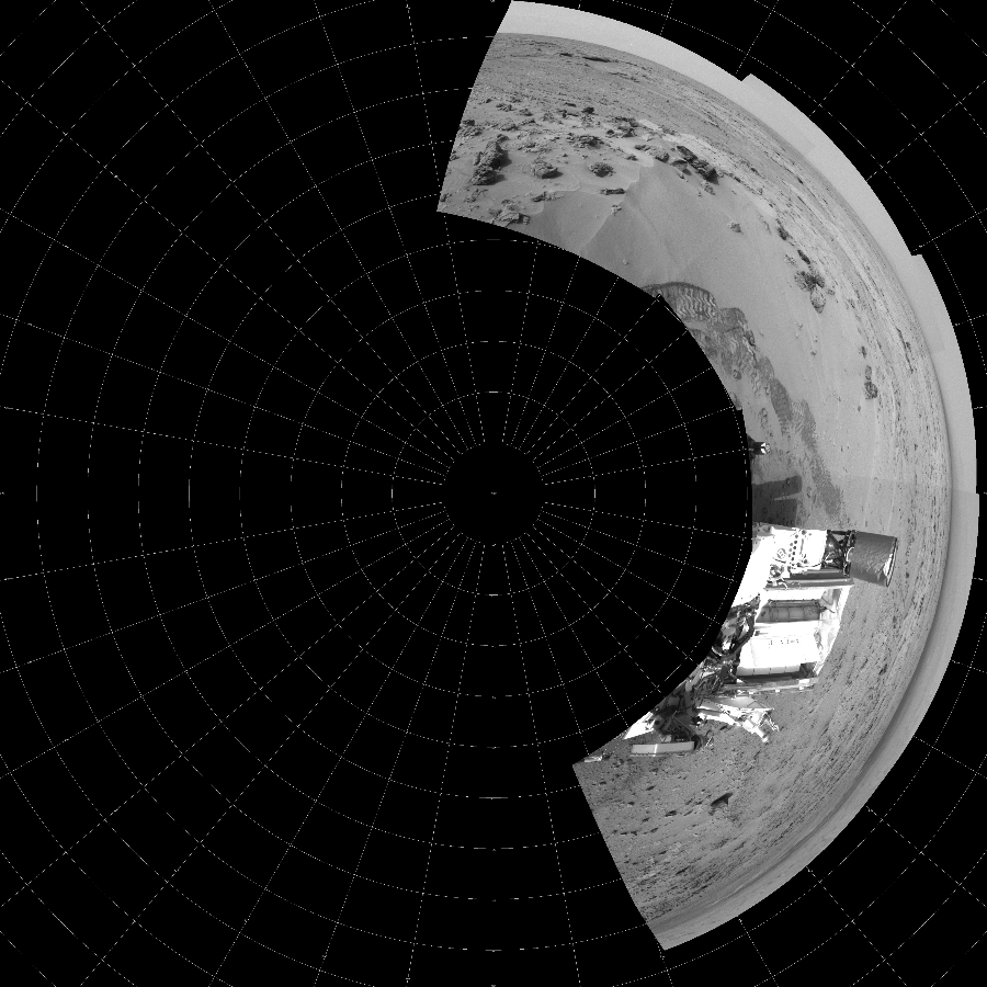 NASA's Mars rover Curiosity took 5 images in Gale Crater using its mast-mounted Left Navigation Camera (Navcam) to create this mosaic. The seam-corrected mosaic provides a polar stereographic projection panorama of the Martian surface with 0 degrees azimuth (measured clockwise from north) at the top of the image. Curiosity took the images on November 17, 2012, Sol 100 of the Mars Science Laboratory mission at drive 178, site number 5. The local mean solar time for the image exposures was 3 PM. Each Navcam image has a 45-degree field of view. CREDIT: NASA/JPL-Caltech